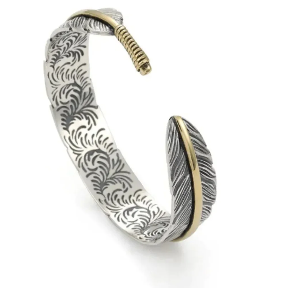 Takahashi Goro's Handmade Silver Golden Feather Cuff Bracelet Bangle